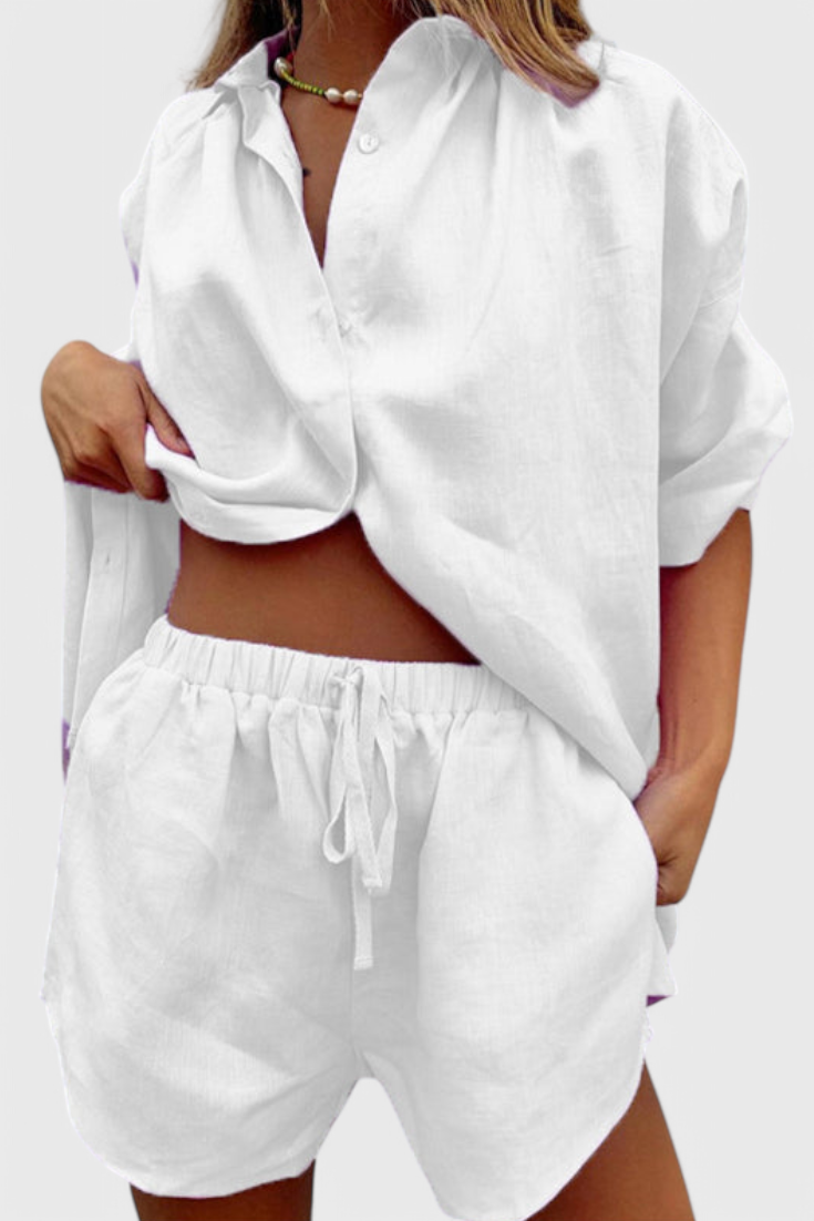 Conjunto de dos piezas de camisa abotonada y pantalones cortos con cordón Anika LuvaModa