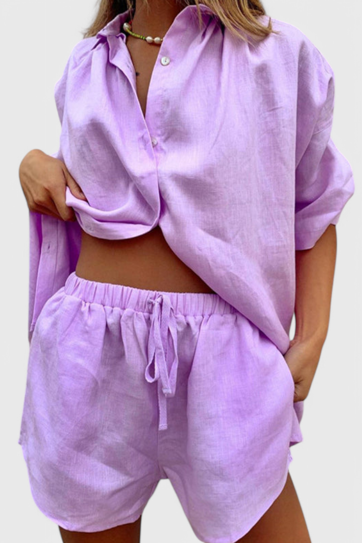 Conjunto de dos piezas de camisa abotonada y pantalones cortos con cordón Anika LuvaModa