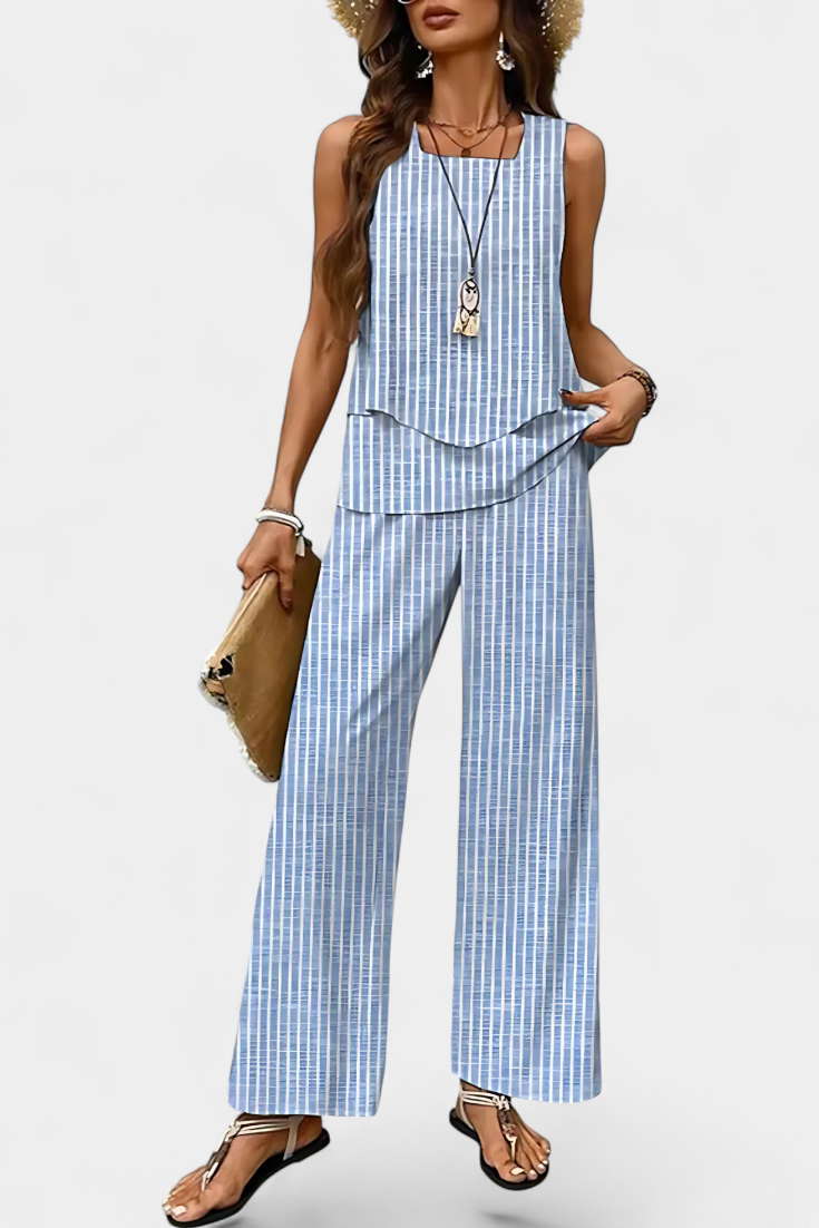Conjunto elegante bohemio sin mangas Martina con pantalones rectos estampados LuvaModa