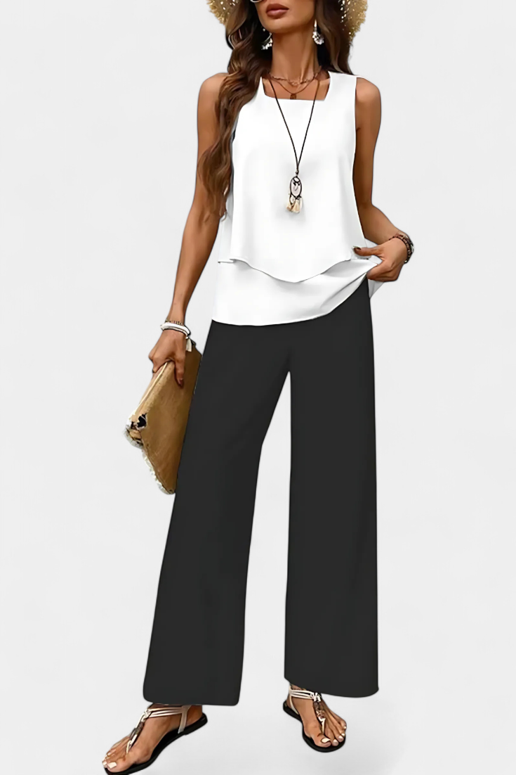 Conjunto elegante bohemio sin mangas Martina con pantalones rectos estampados LuvaModa