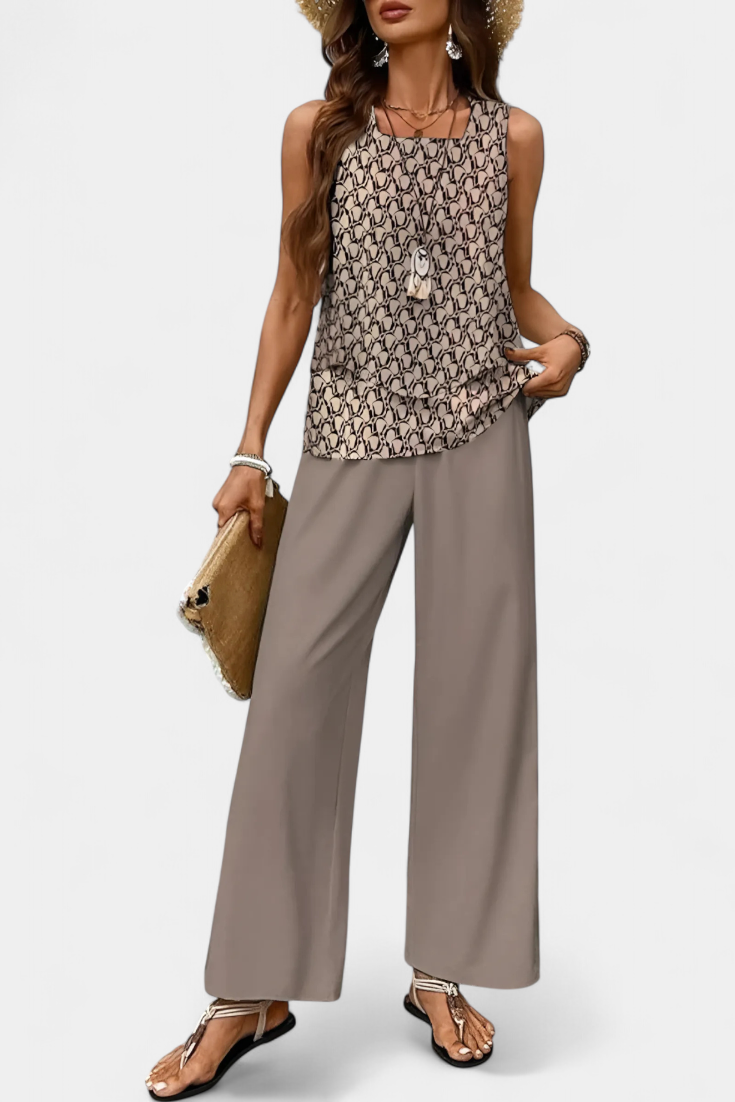 Conjunto elegante bohemio sin mangas Martina con pantalones rectos estampados LuvaModa
