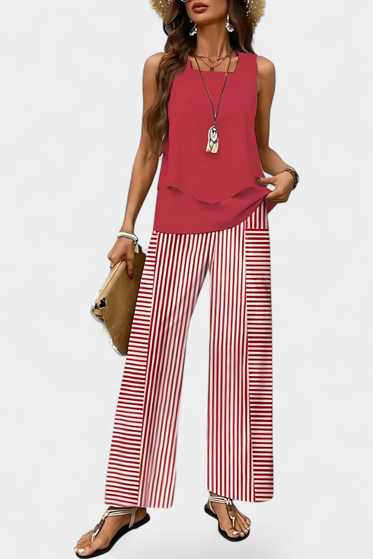 Conjunto elegante bohemio sin mangas Martina con pantalones rectos estampados LuvaModa
