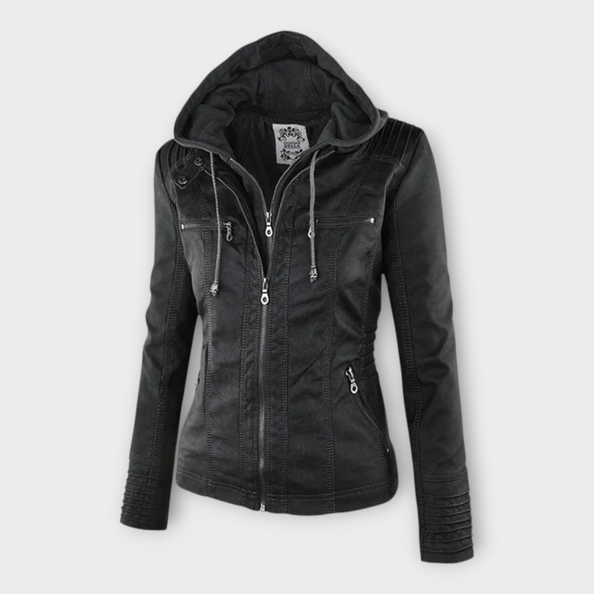 Chaqueta de cuero moderna con capucha y línea atemporal Luvamoda
