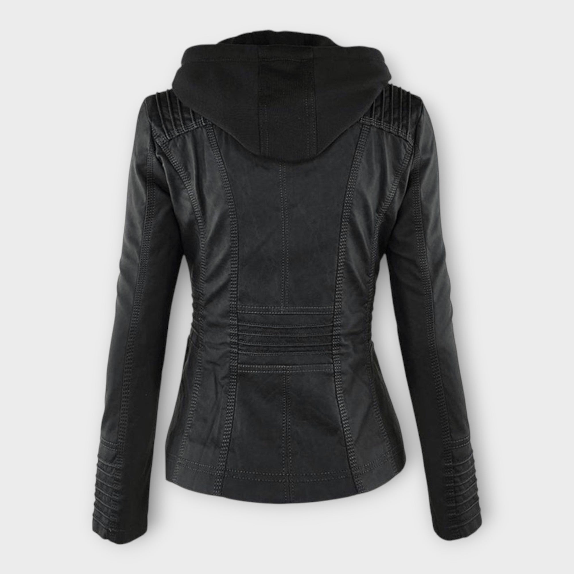 Chaqueta de cuero moderna con capucha y línea atemporal Luvamoda