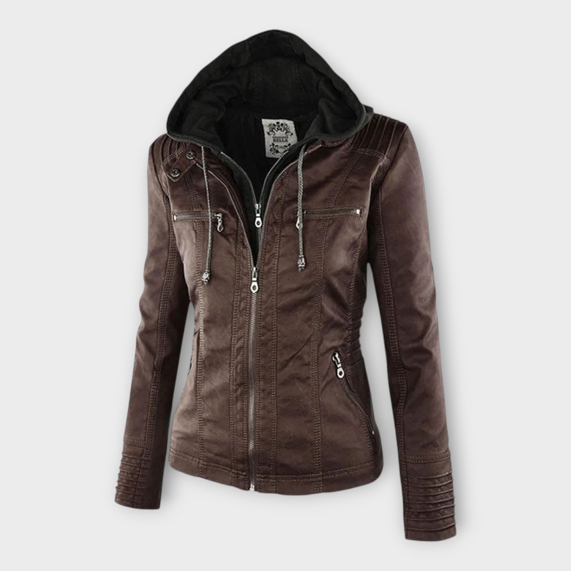 Chaqueta de cuero moderna con capucha y línea atemporal Luvamoda