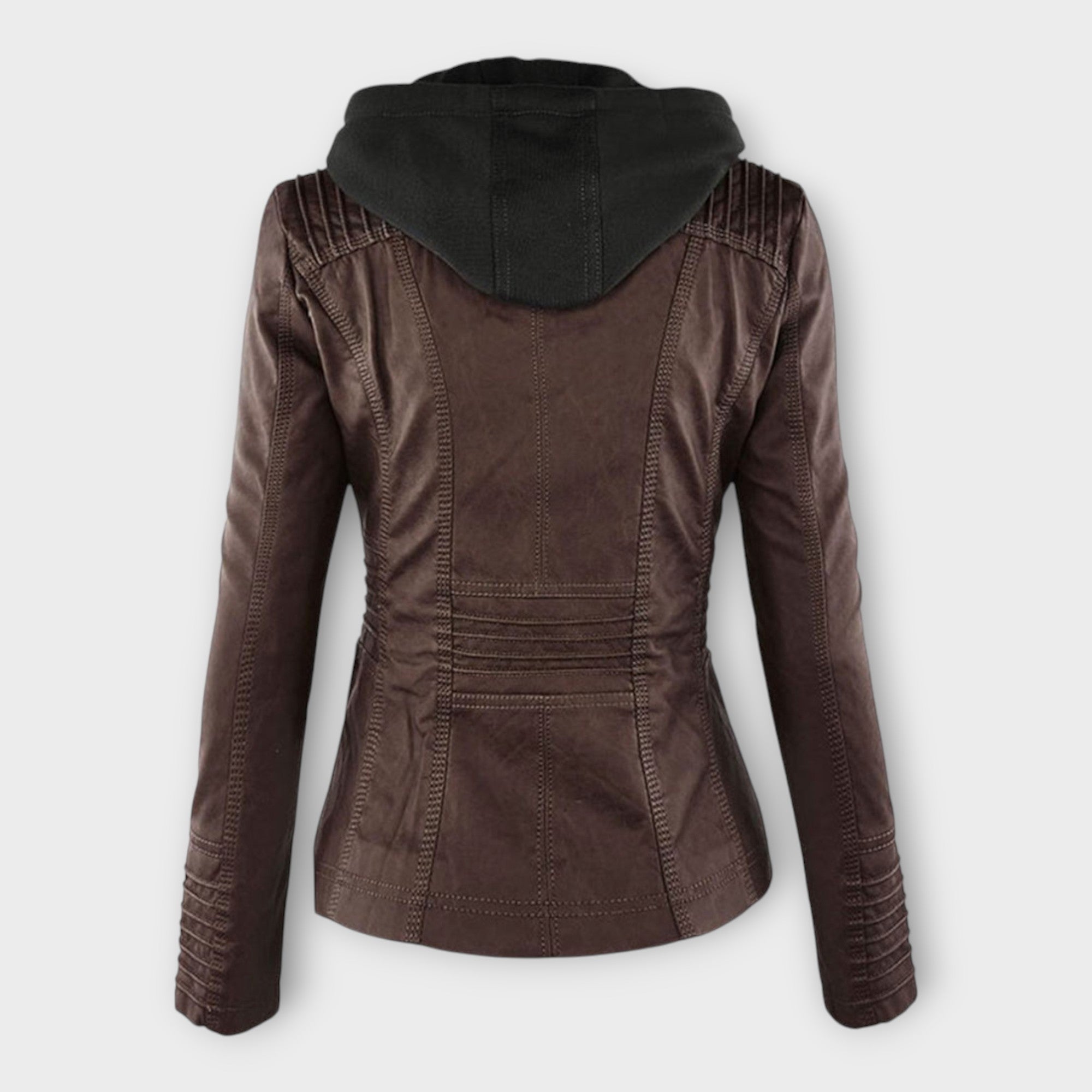 Chaqueta de cuero moderna con capucha y línea atemporal Luvamoda