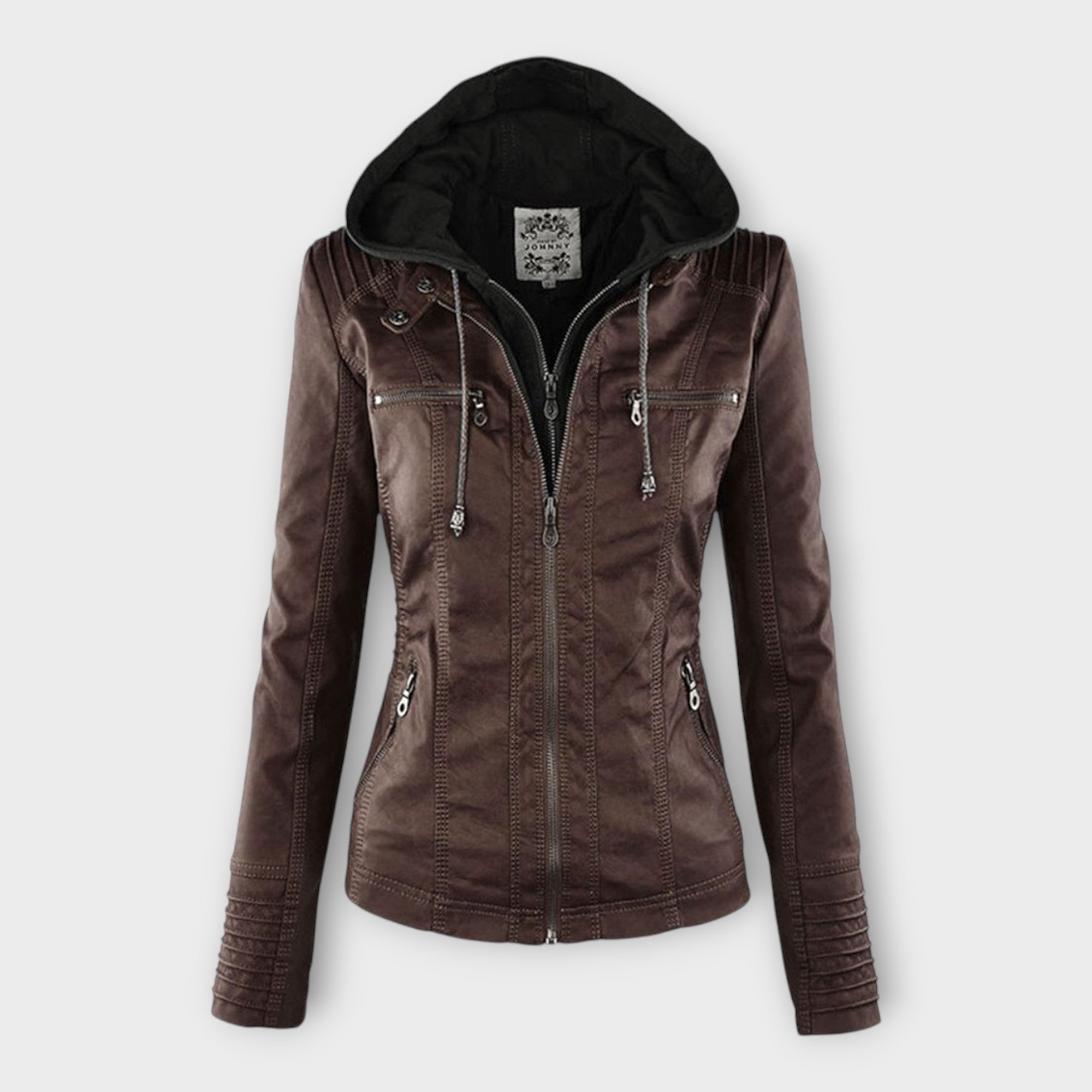 Chaqueta de cuero moderna con capucha y línea atemporal Luvamoda