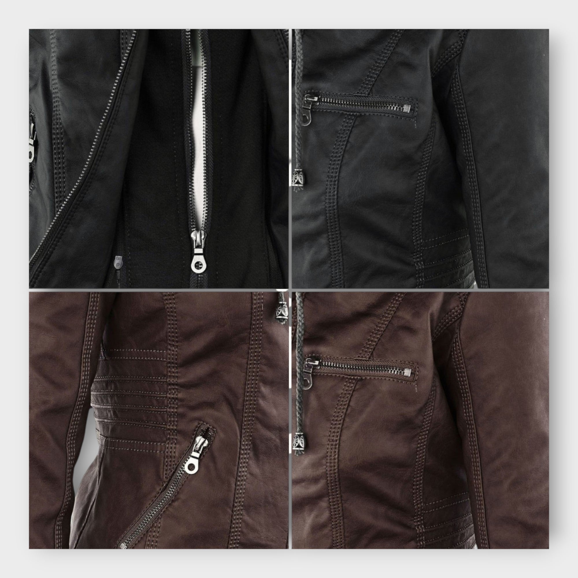 Chaqueta de cuero moderna con capucha y línea atemporal Luvamoda