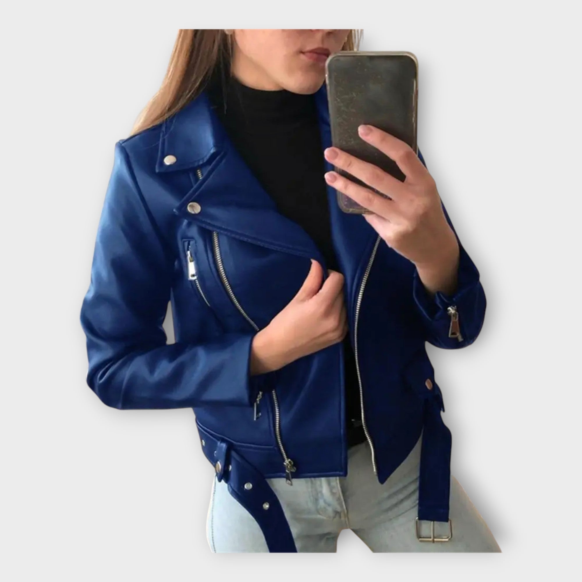 Chaqueta de cuero moderna con cinturón y cremallera Luvamoda