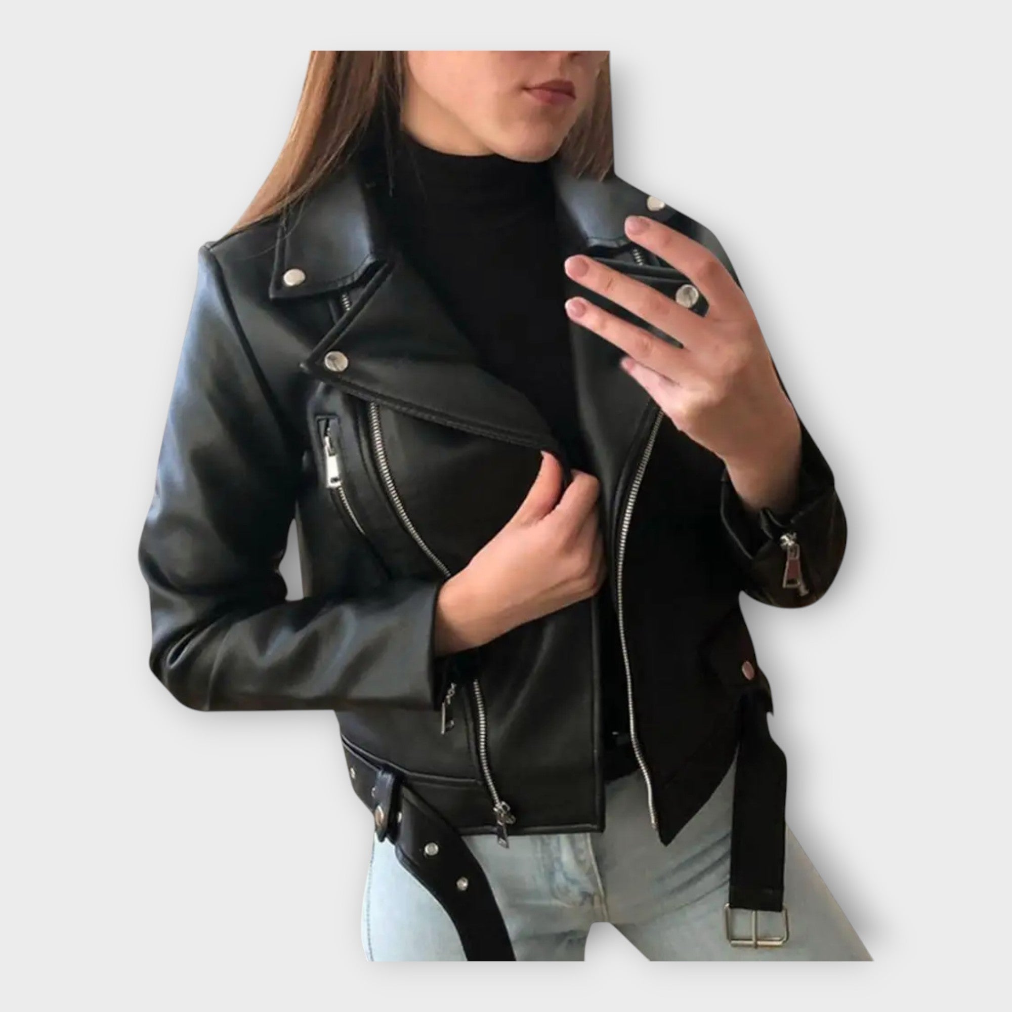 Chaqueta de cuero moderna con cinturón y cremallera Luvamoda