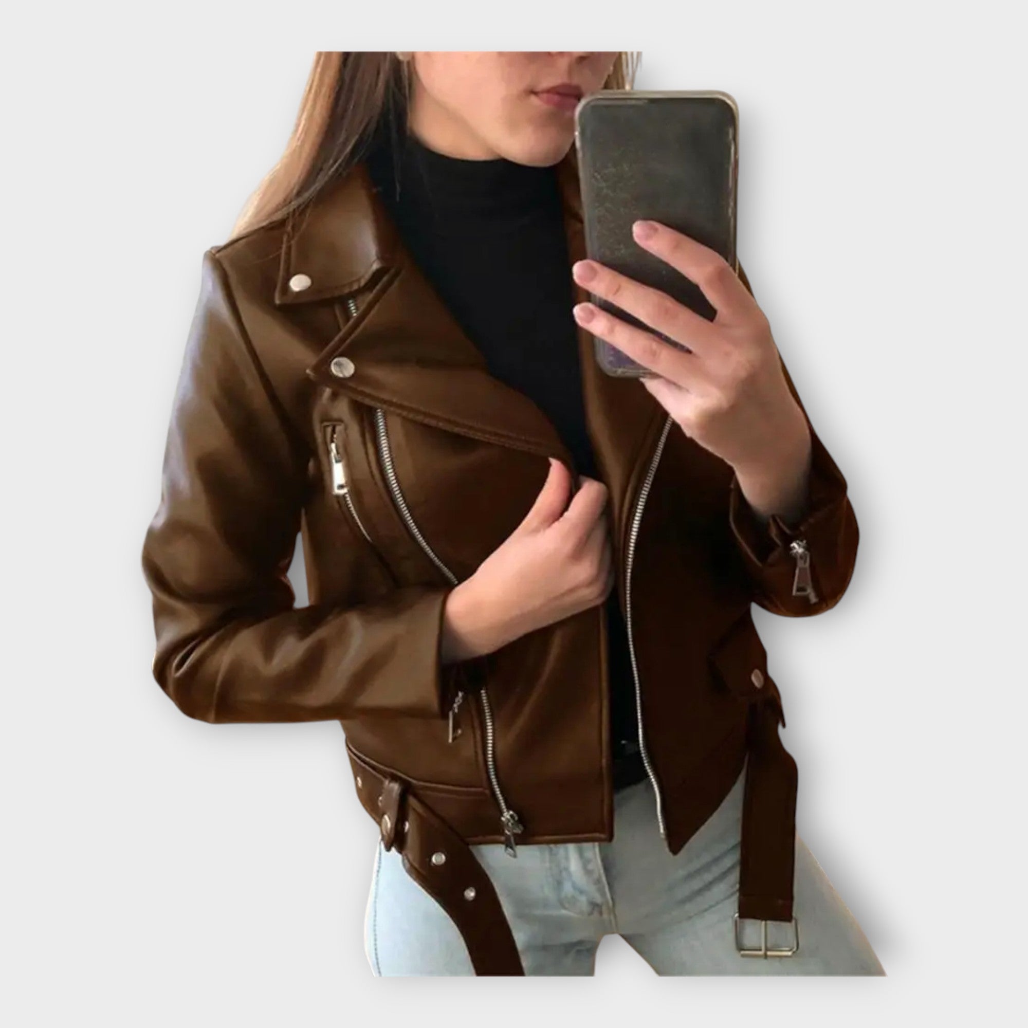 Chaqueta de cuero moderna con cinturón y cremallera Luvamoda
