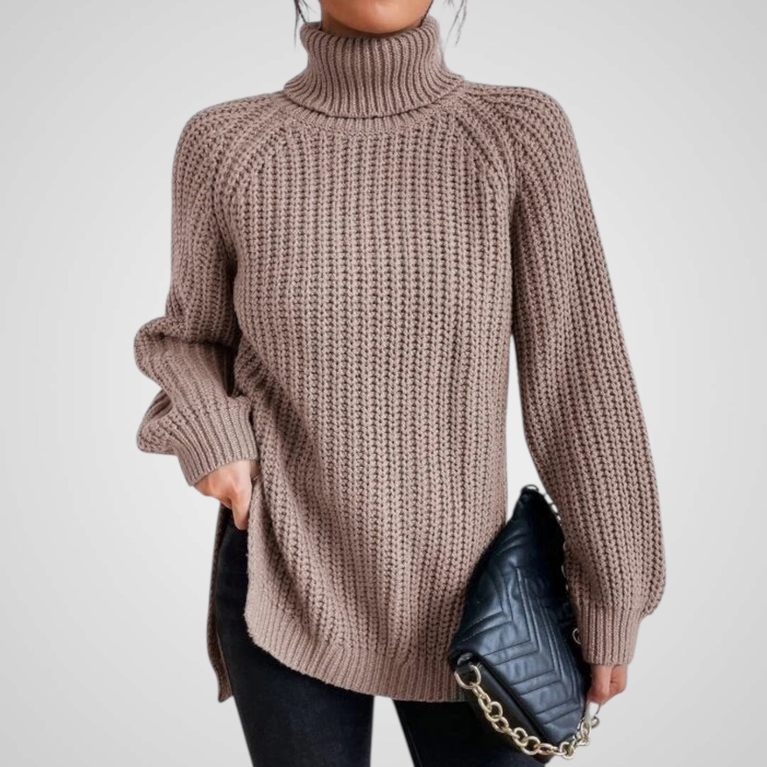 Suéter de punto con cuello alto y abertura para mujer Luvamoda