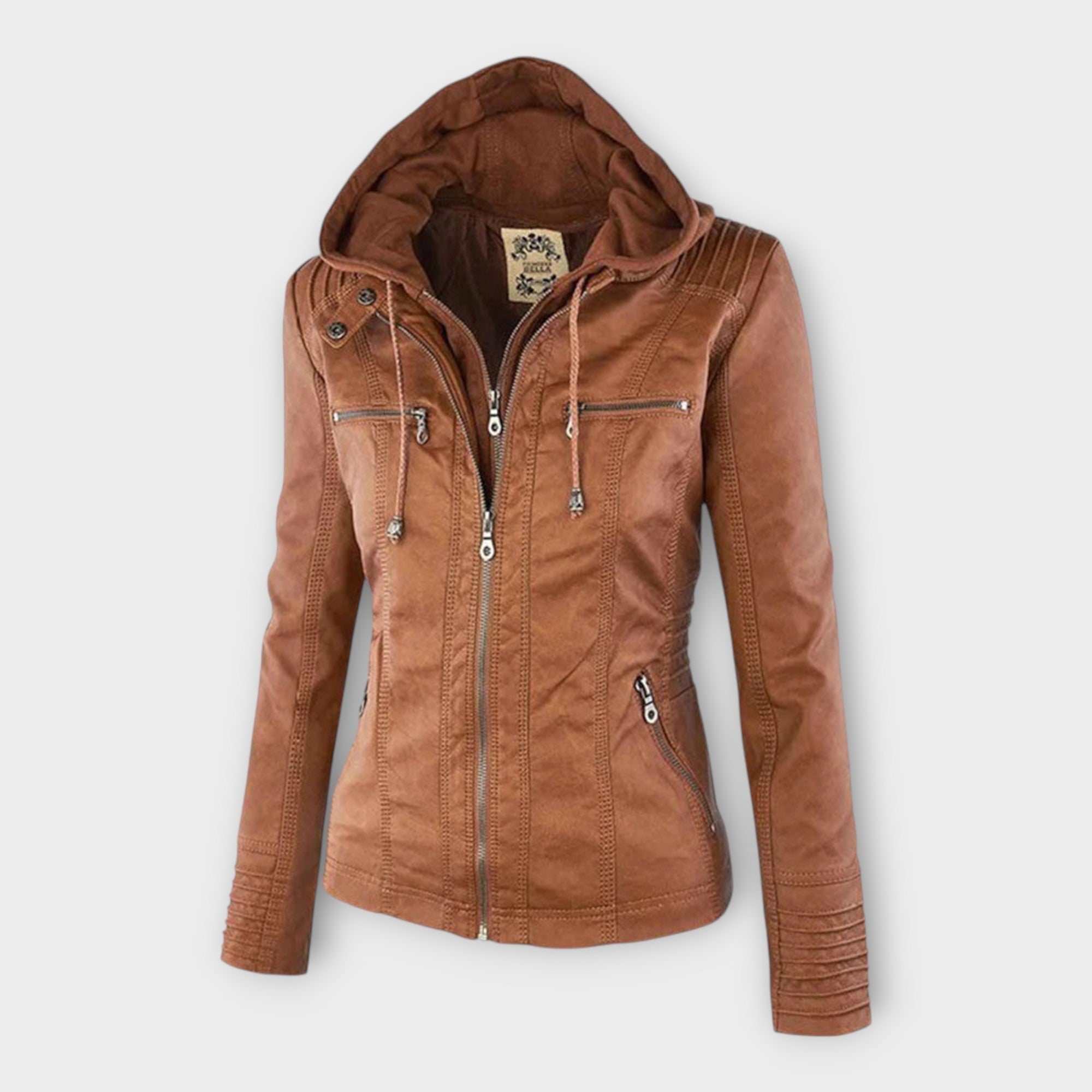 Chaqueta de cuero moderna con capucha y línea atemporal Luvamoda