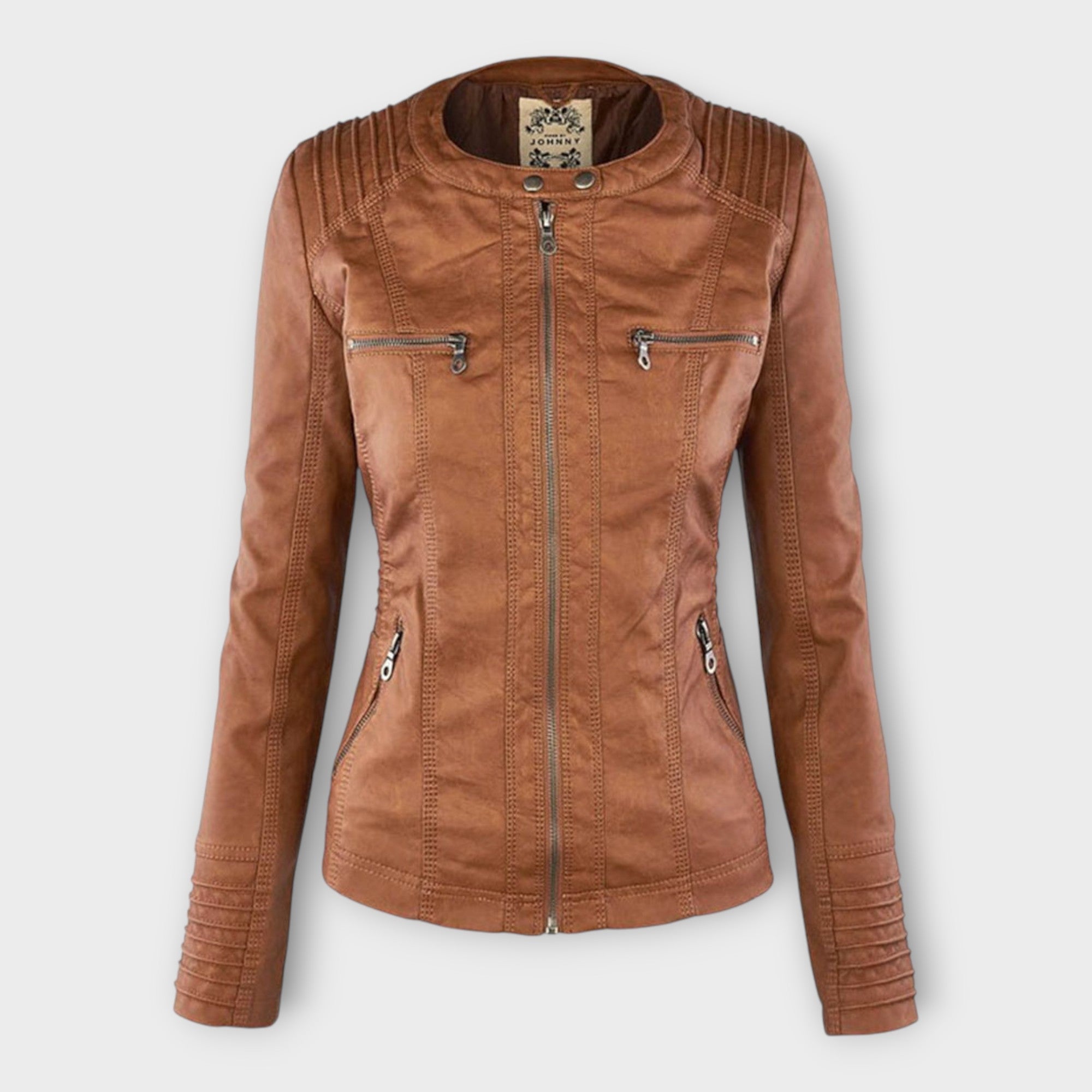 Chaqueta de cuero moderna con capucha y línea atemporal Luvamoda