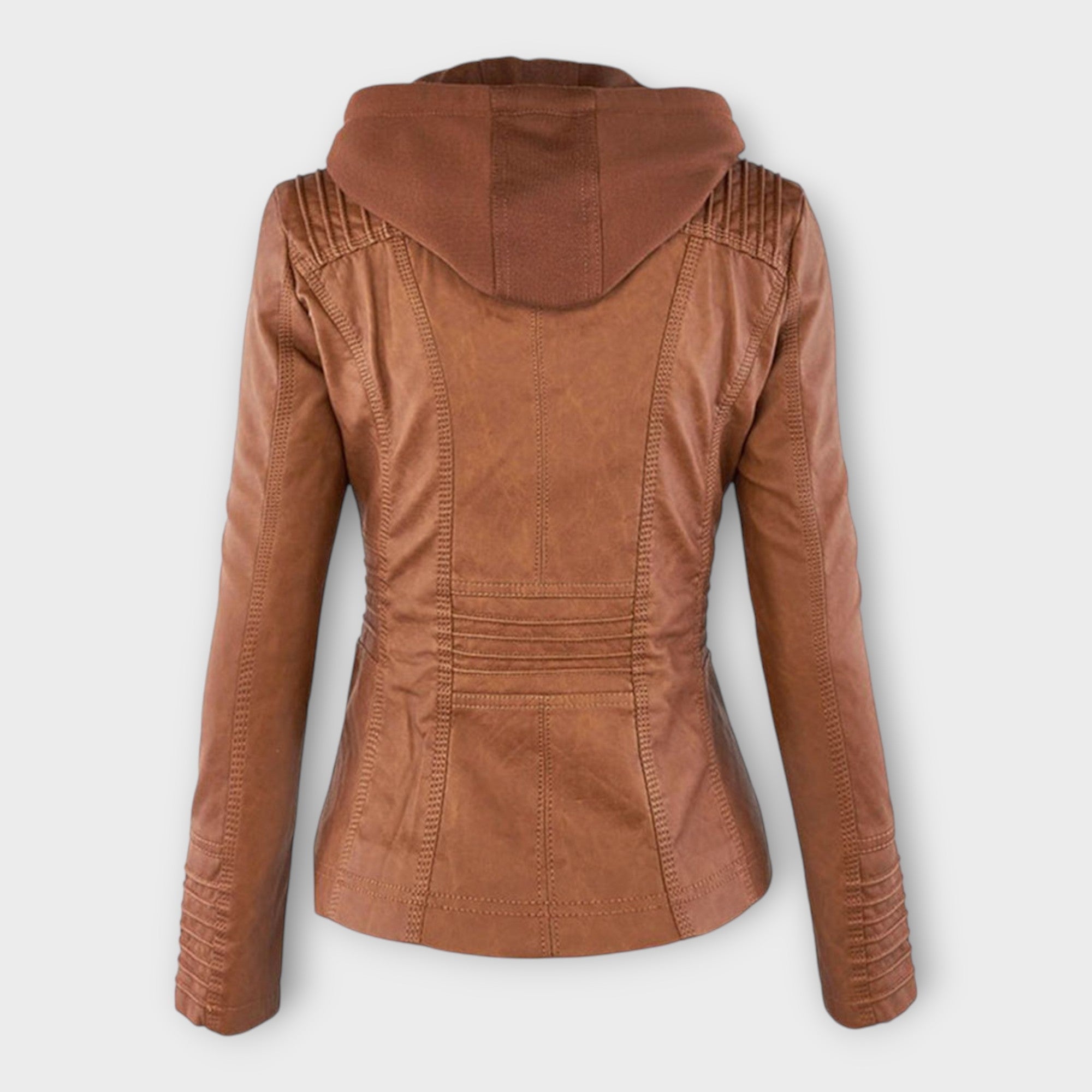 Chaqueta de cuero moderna con capucha y línea atemporal Luvamoda