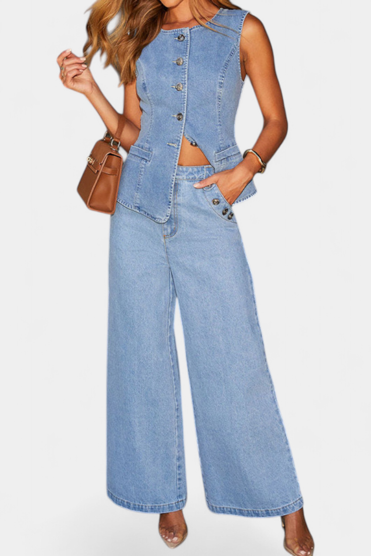 Conjunto de jeans Ludovica con chaleco ajustado y pantalón ancho LuvaModa