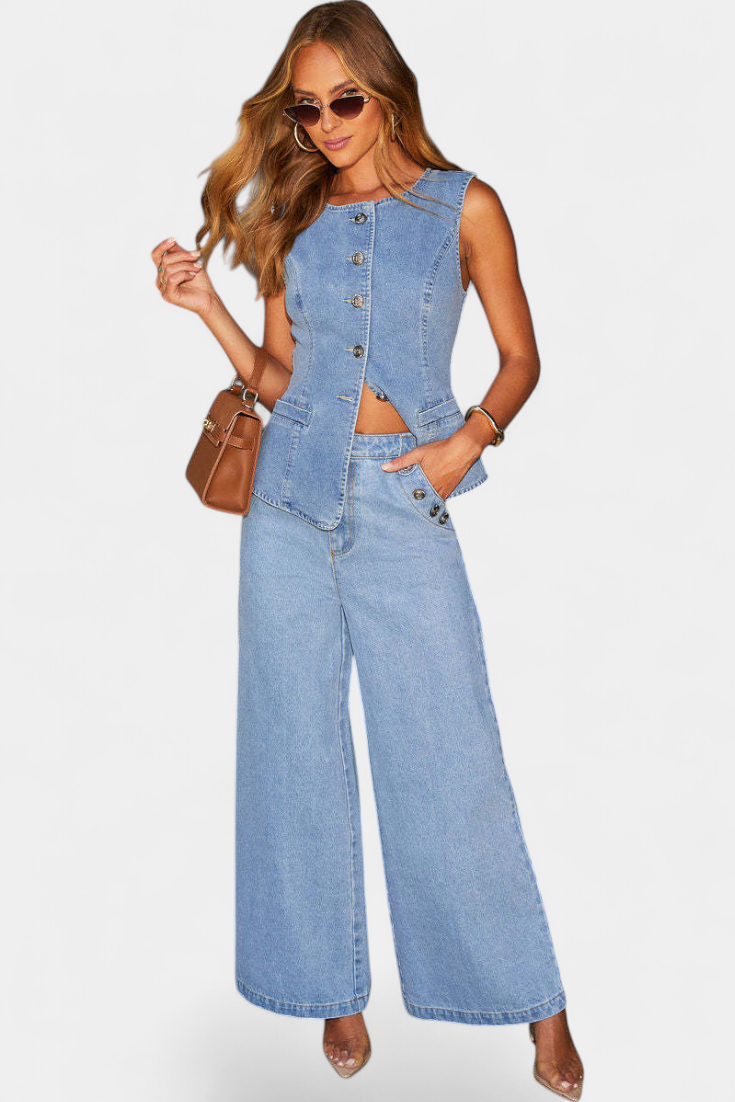 Conjunto de jeans Ludovica con chaleco ajustado y pantalón ancho LuvaModa