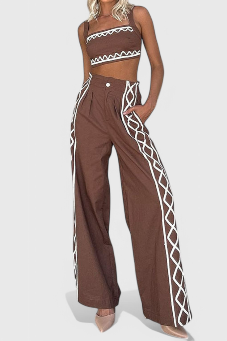 Conjunto de top corto Mirella y pantalón ancho con estampado en zigzag LuvaModa
