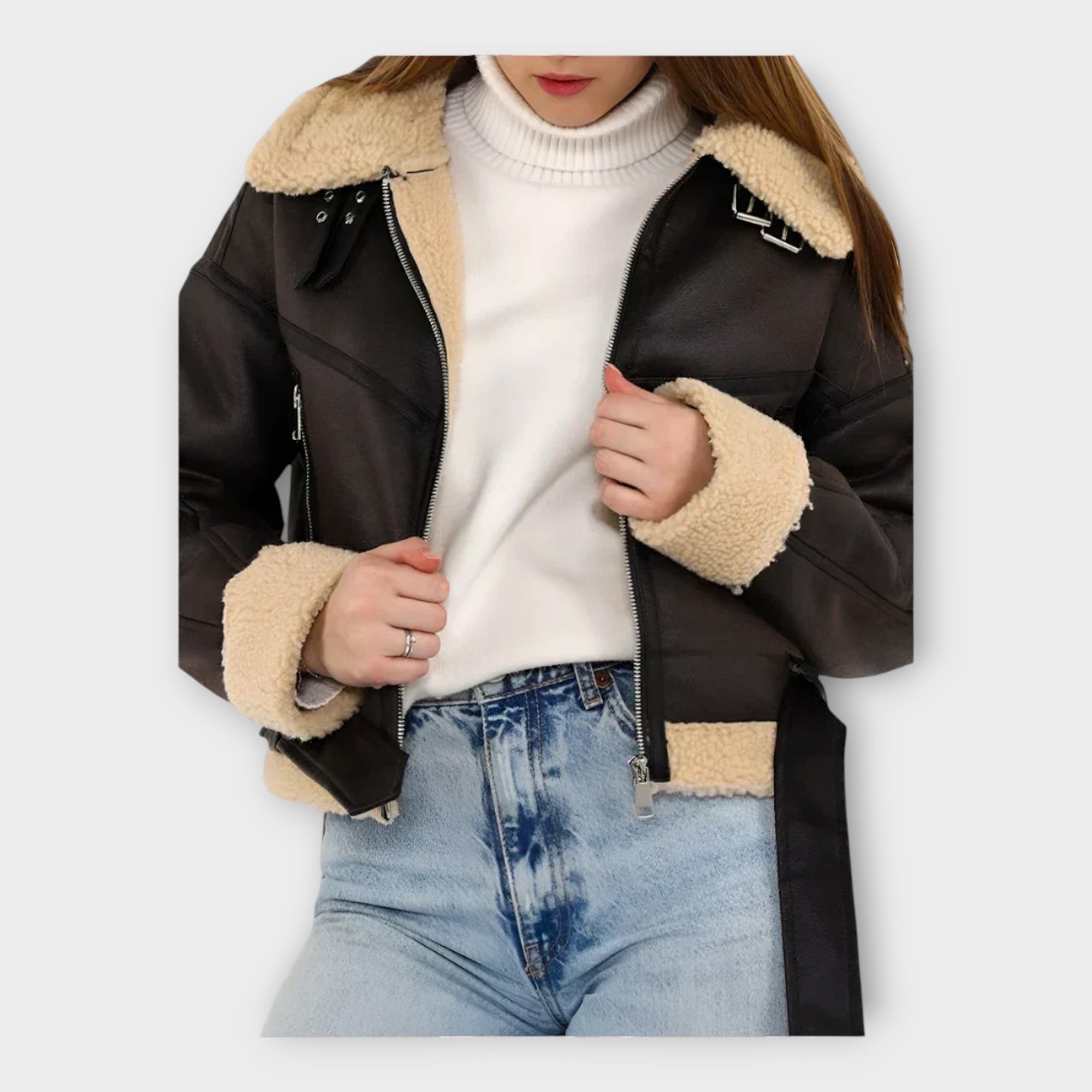 Chaqueta de cuero moderna con forro y cinturón Luvamoda