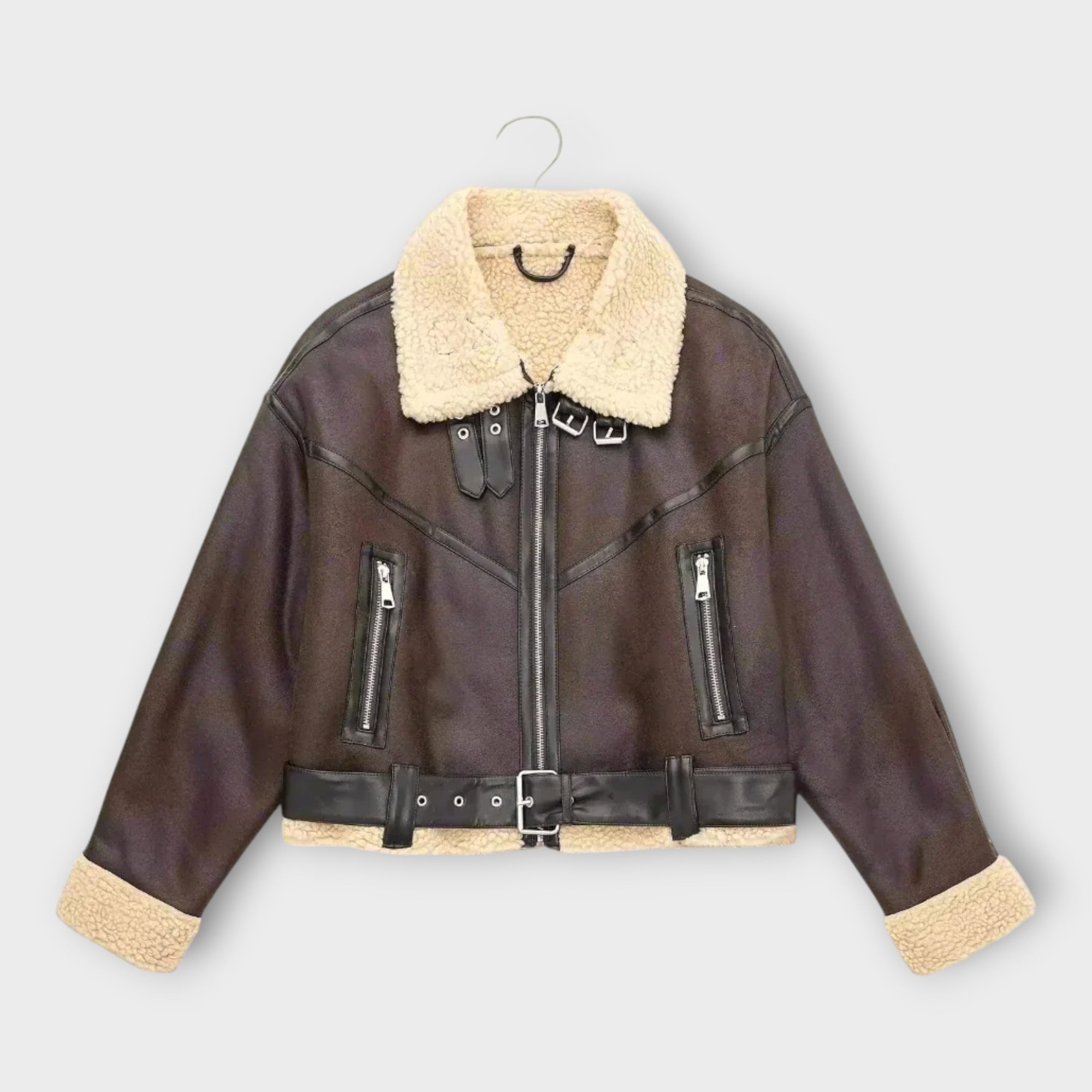 Chaqueta corta de cuero con pelo y cinturón Luvamoda