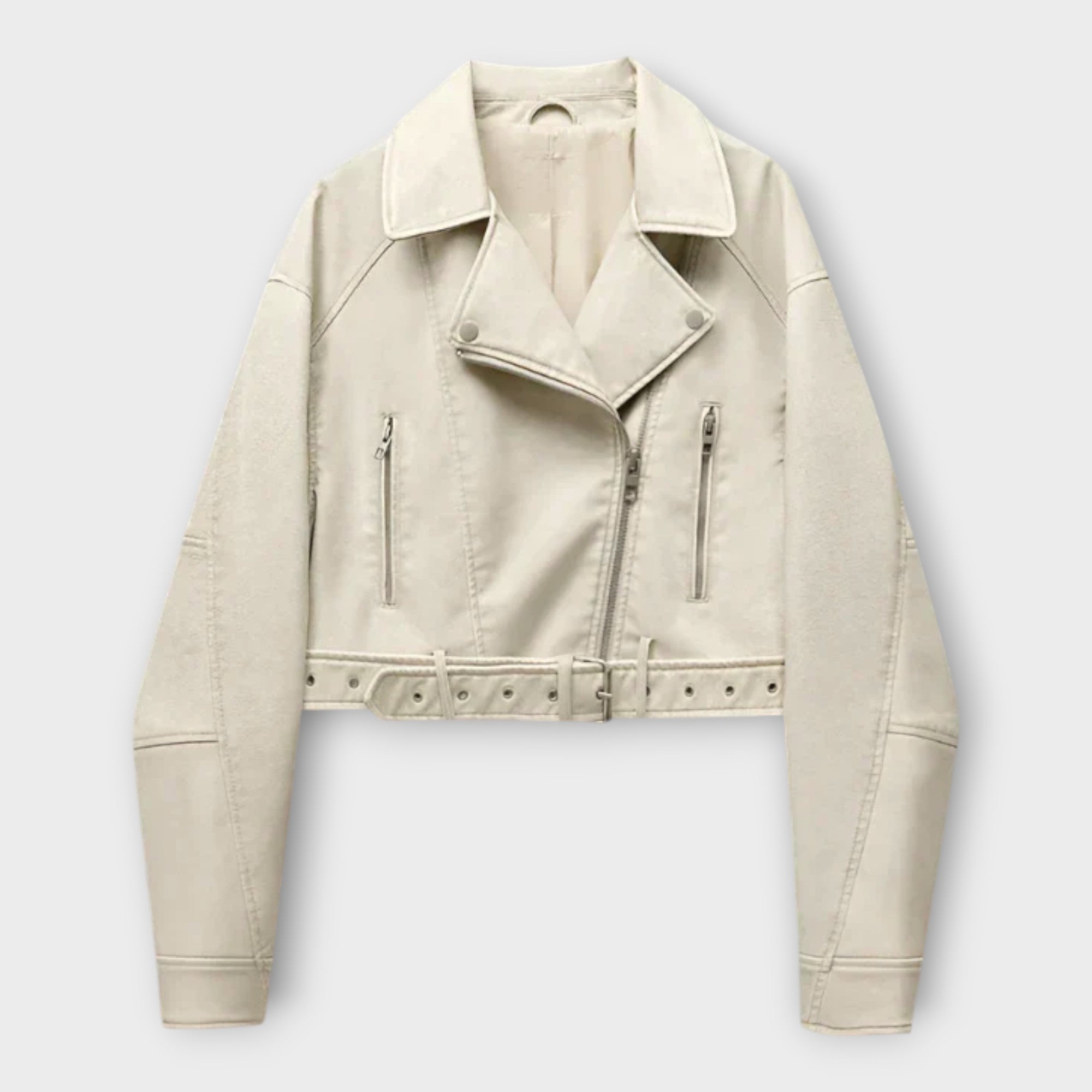 Moderna chaqueta corta de cuero con cinturón y estética sofisticada Luvamoda