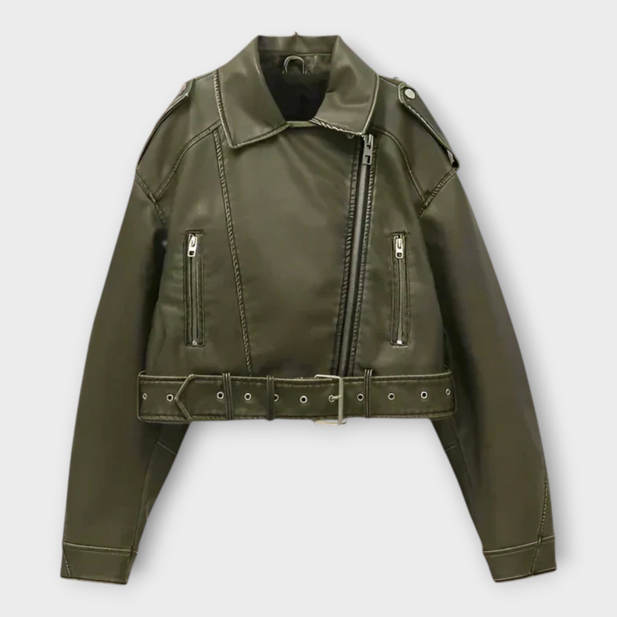 Moderna chaqueta corta de cuero con cinturón y estética sofisticada Luvamoda