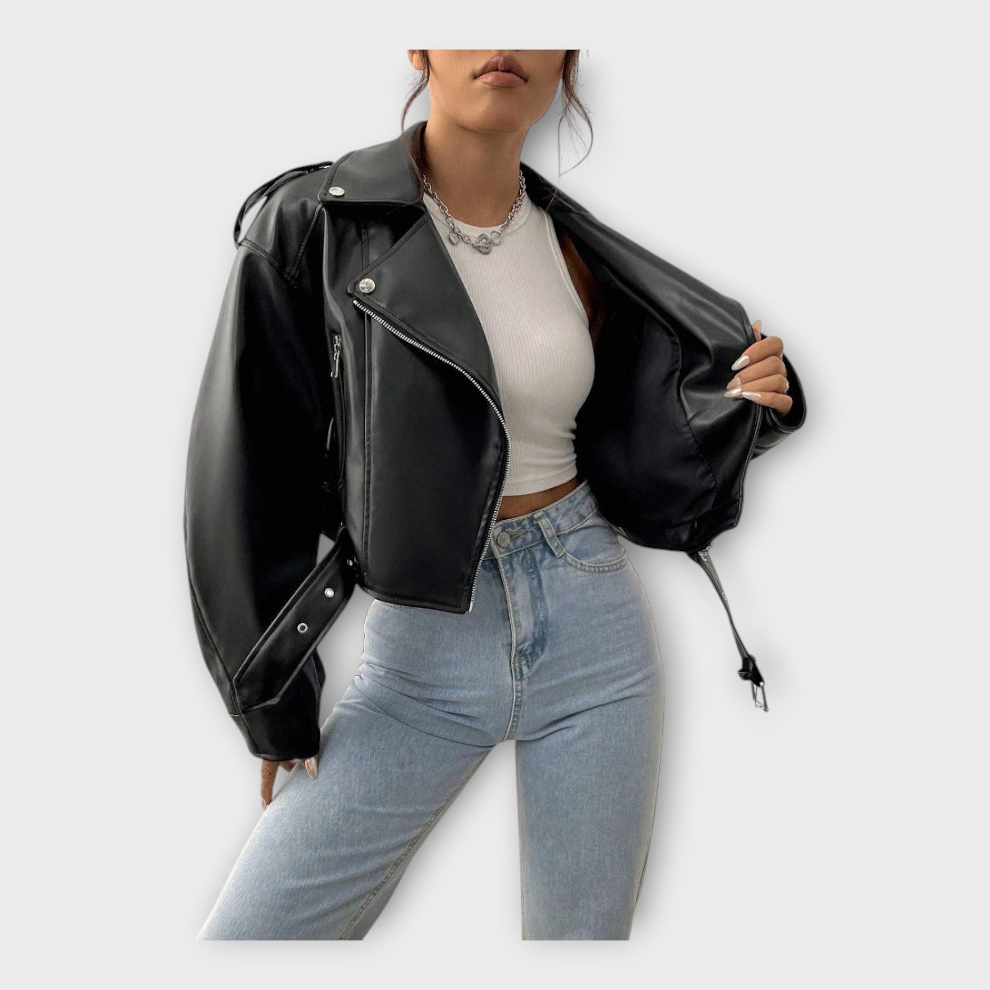 Chaqueta corta de cuero con cinturón Luvamoda