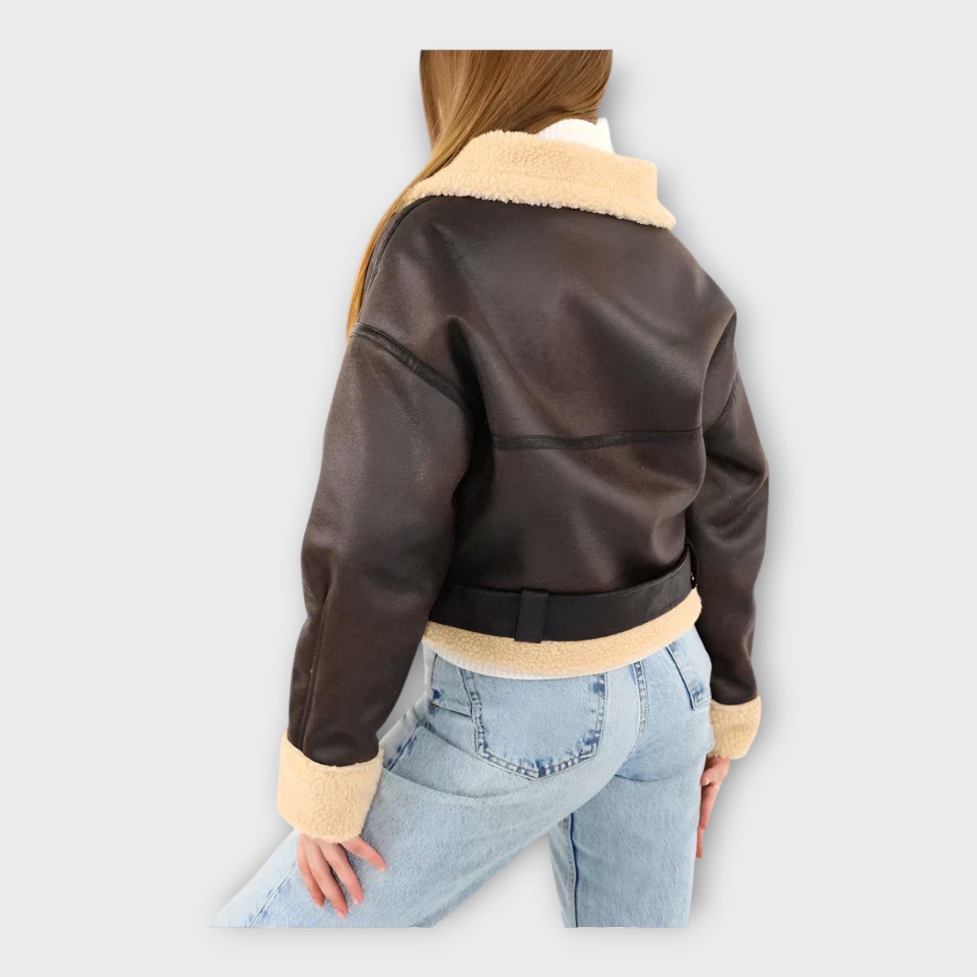 Chaqueta de cuero moderna con forro y cinturón Luvamoda