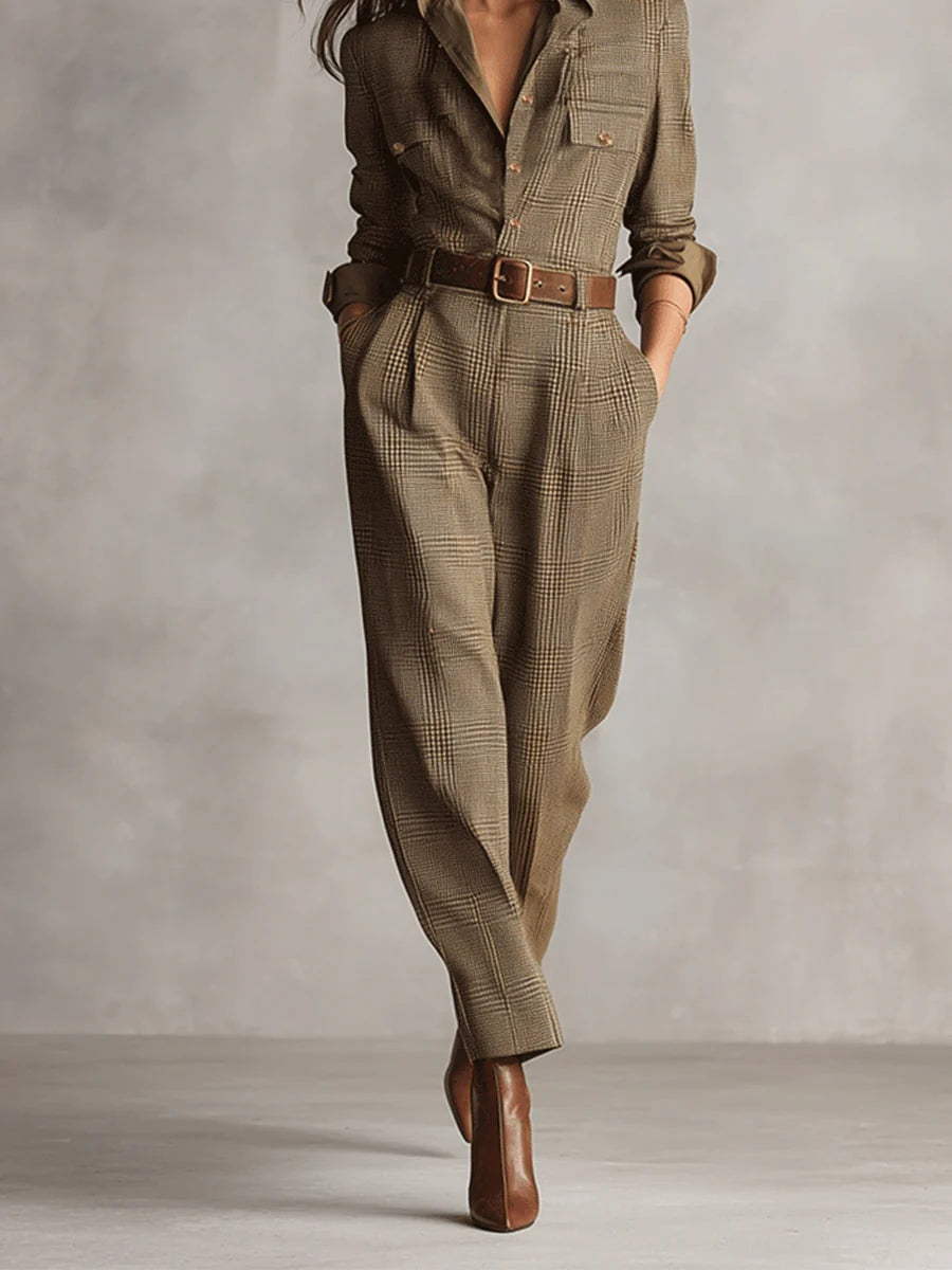 Zoë | Verfijnde tweed textuur geruite utility jumpsuit LuvaModa