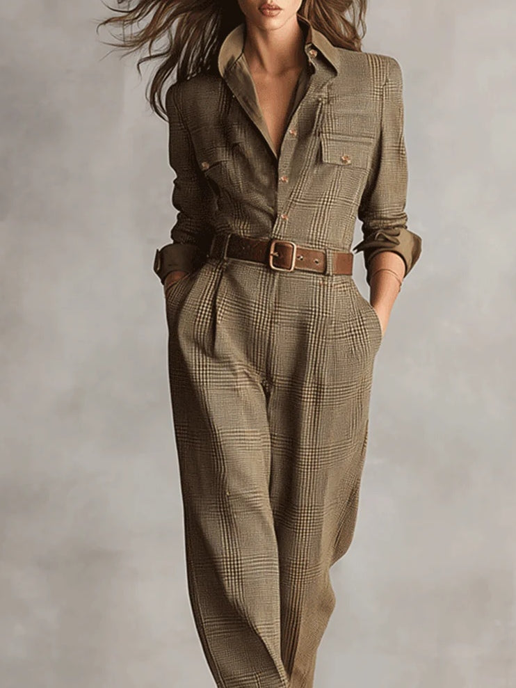 Zoë | Verfijnde tweed textuur geruite utility jumpsuit LuvaModa