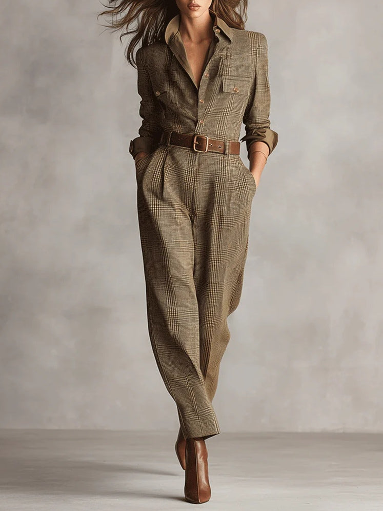 Zoë | Verfijnde tweed textuur geruite utility jumpsuit LuvaModa