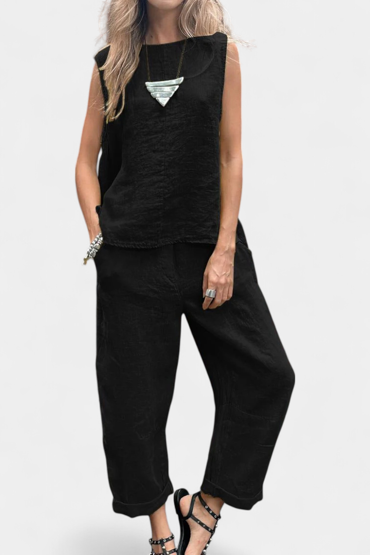 Conjunto de chaleco y pantalón sin mangas de algodón y lino Leona LuvaModa
