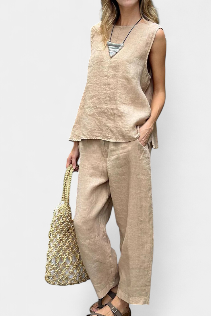 Conjunto de chaleco y pantalón sin mangas de algodón y lino Leona LuvaModa