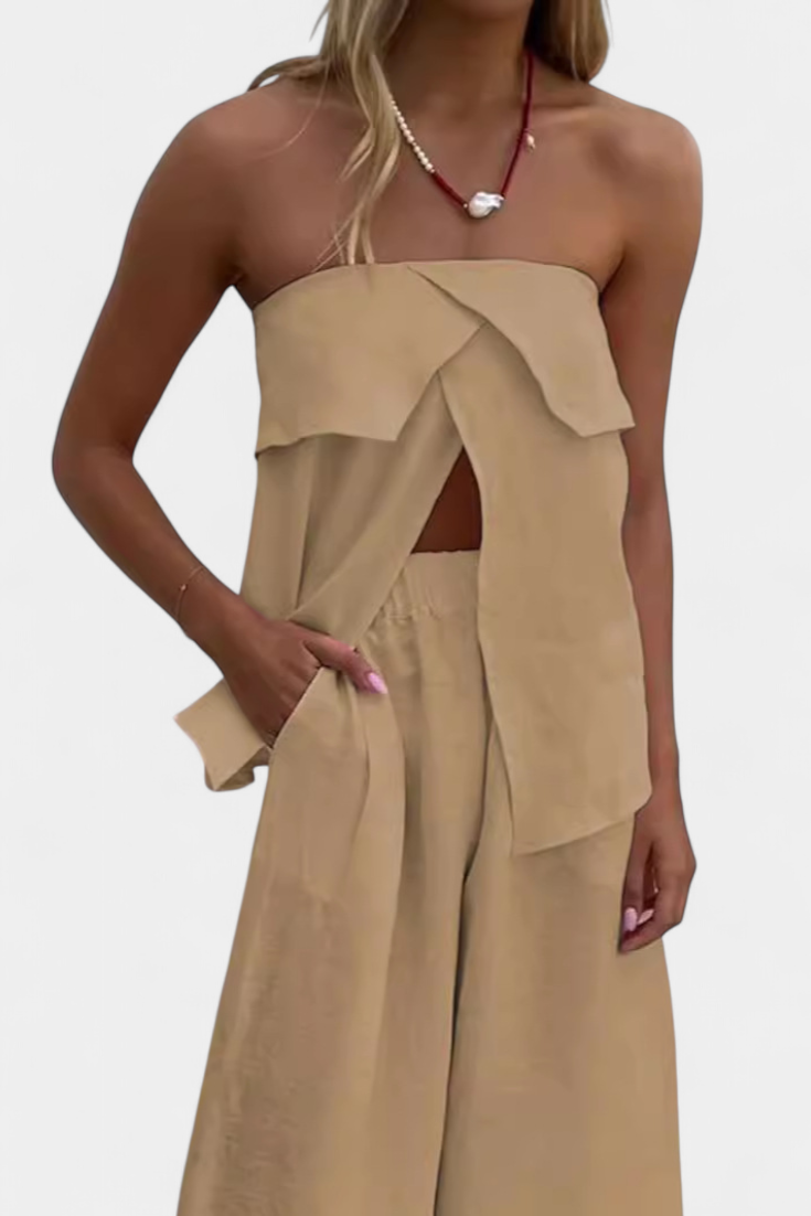 Conjunto Oriana sin tirantes con falda fruncida en estampado monocromático LuvaModa