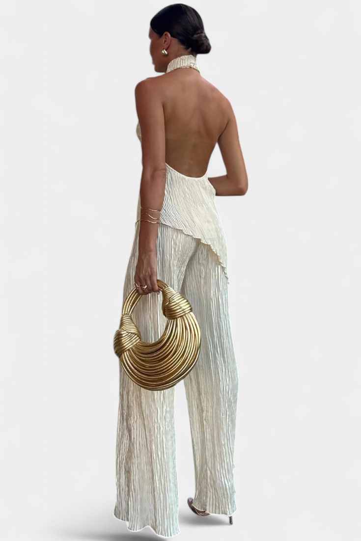 Conjunto elegante plisado Pilarica con top asimétrico y pantalón fluido LuvaModa