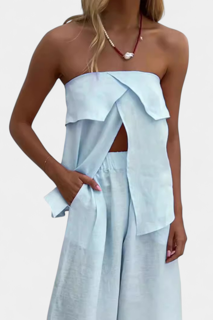 Conjunto Oriana sin tirantes con falda fruncida en estampado monocromático LuvaModa