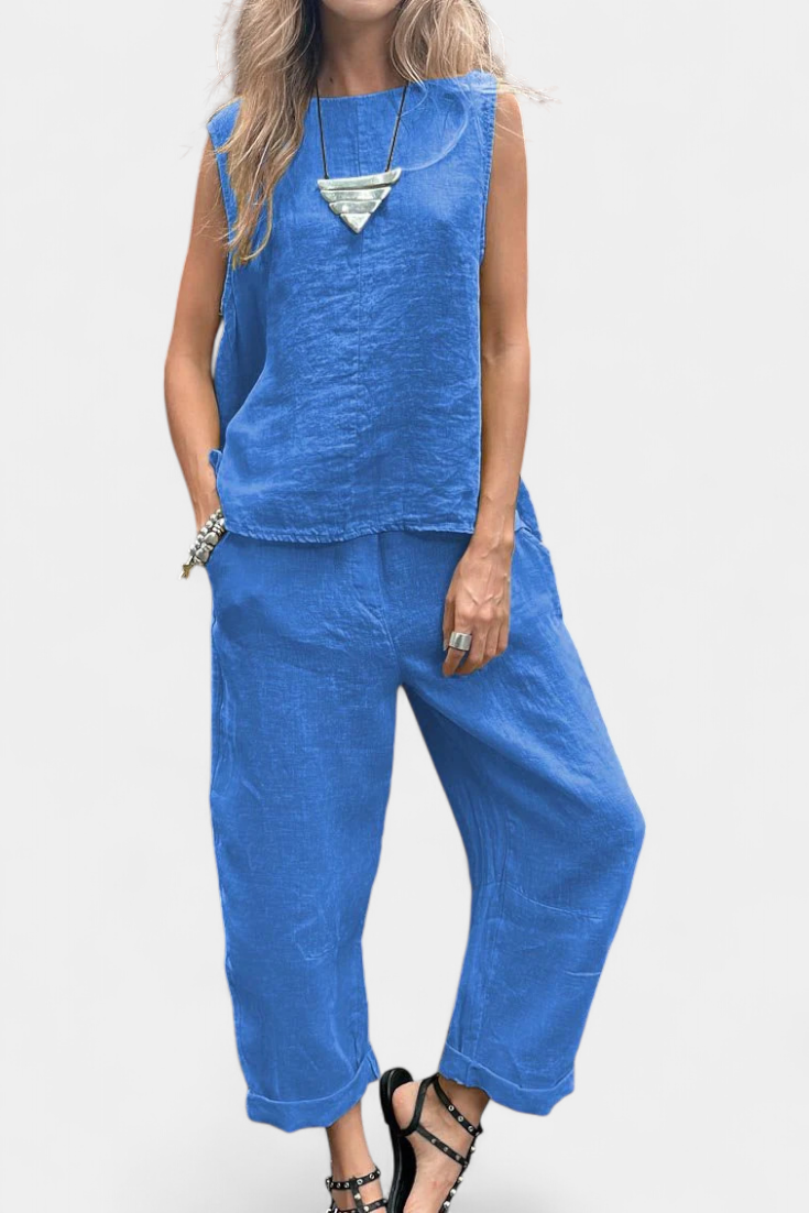 Conjunto de chaleco y pantalón sin mangas de algodón y lino Leona LuvaModa