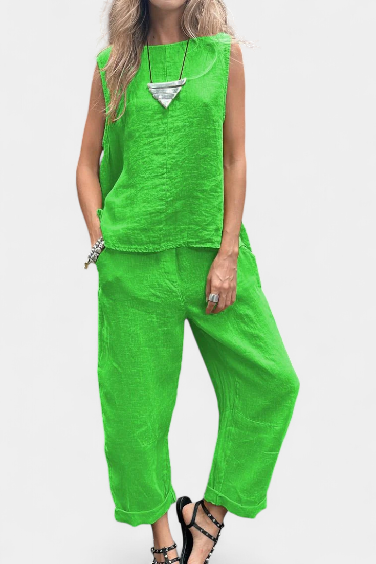 Conjunto de chaleco y pantalón sin mangas de algodón y lino Leona LuvaModa