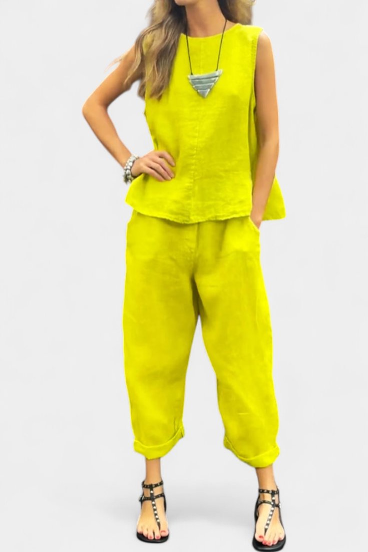 Conjunto de chaleco y pantalón sin mangas de algodón y lino Leona LuvaModa