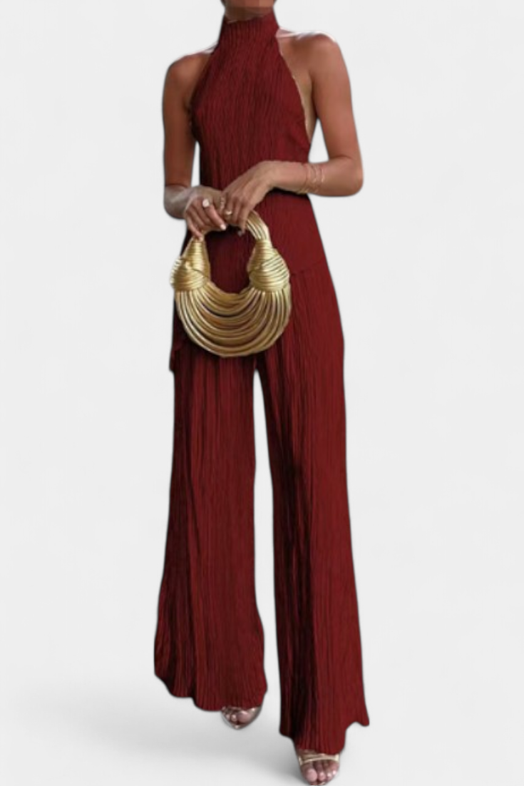 Conjunto elegante plisado Pilarica con top asimétrico y pantalón fluido LuvaModa