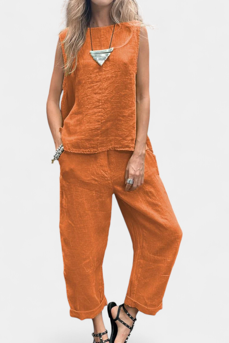 Conjunto de chaleco y pantalón sin mangas de algodón y lino Leona LuvaModa