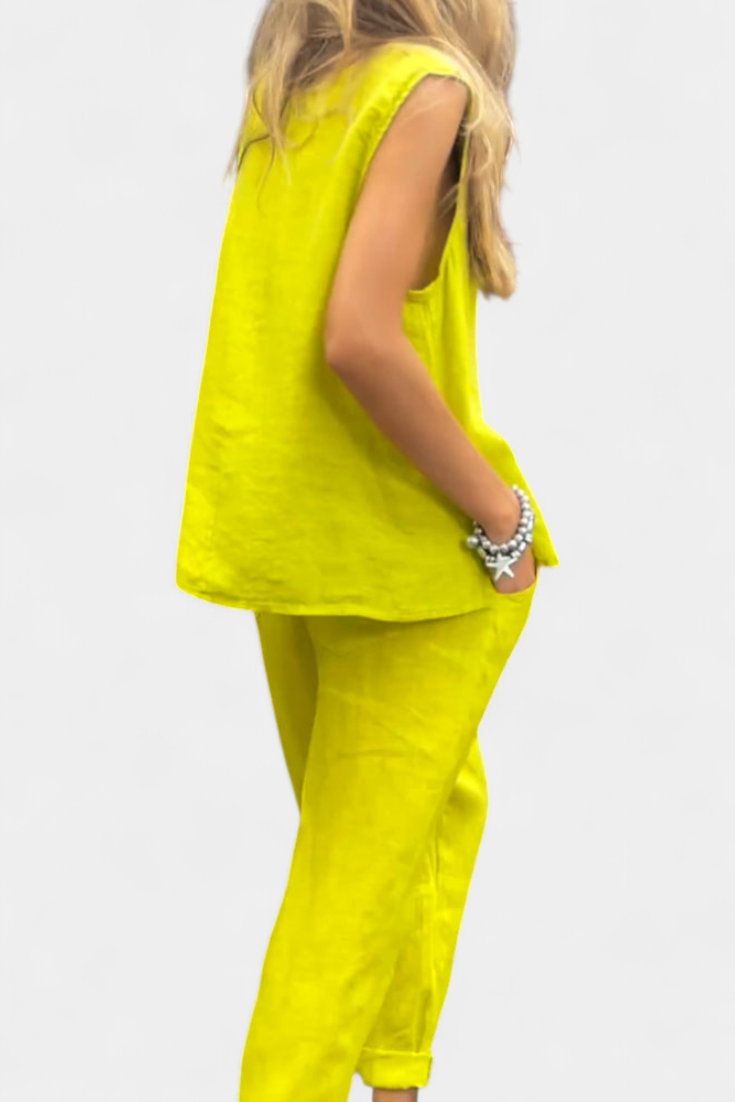 Conjunto de chaleco y pantalón sin mangas de algodón y lino Leona LuvaModa