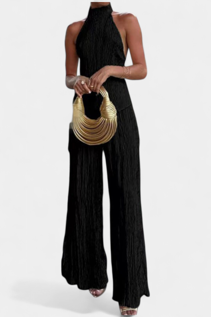 Conjunto elegante plisado Pilarica con top asimétrico y pantalón fluido LuvaModa