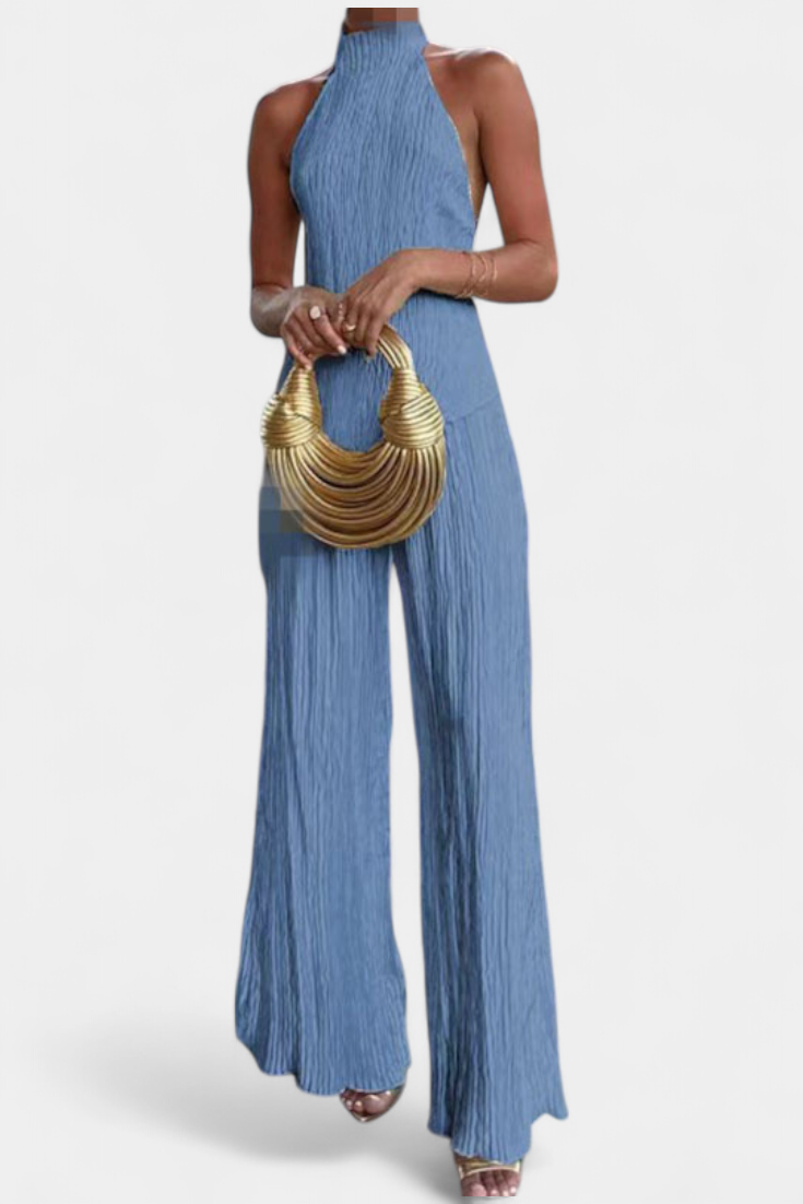 Conjunto elegante plisado Pilarica con top asimétrico y pantalón fluido LuvaModa
