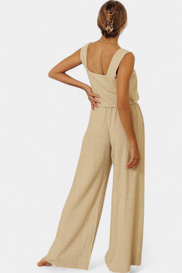 Conjunto de dos piezas de lino Pascuala con blusa sin mangas y pantalón vaporoso LuvaModa