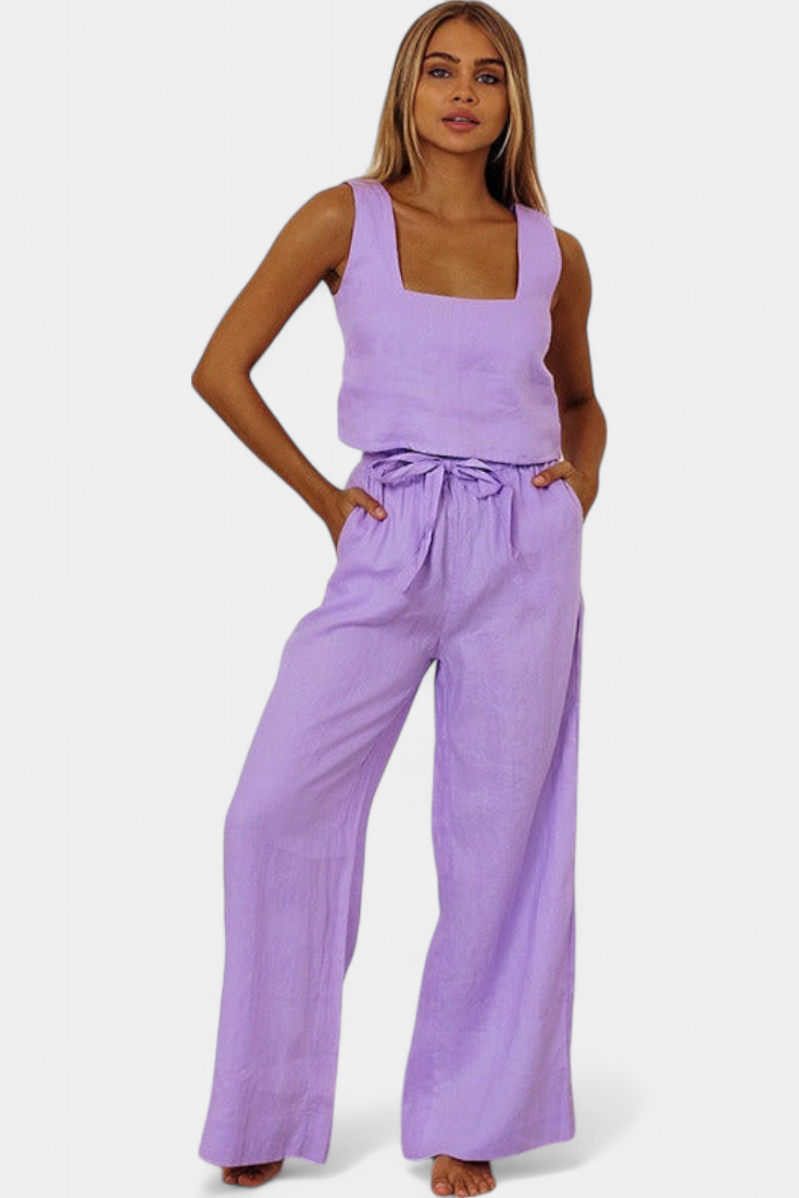 Conjunto de dos piezas de lino Pascuala con blusa sin mangas y pantalón vaporoso LuvaModa