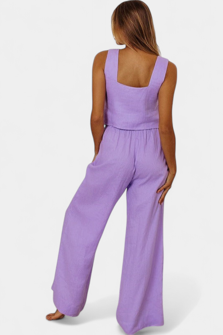 Conjunto de dos piezas de lino Pascuala con blusa sin mangas y pantalón vaporoso LuvaModa