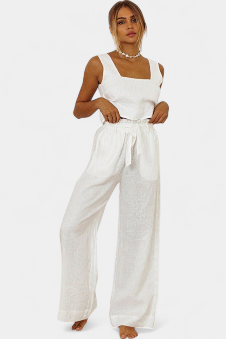 Conjunto de dos piezas de lino Pascuala con blusa sin mangas y pantalón vaporoso LuvaModa
