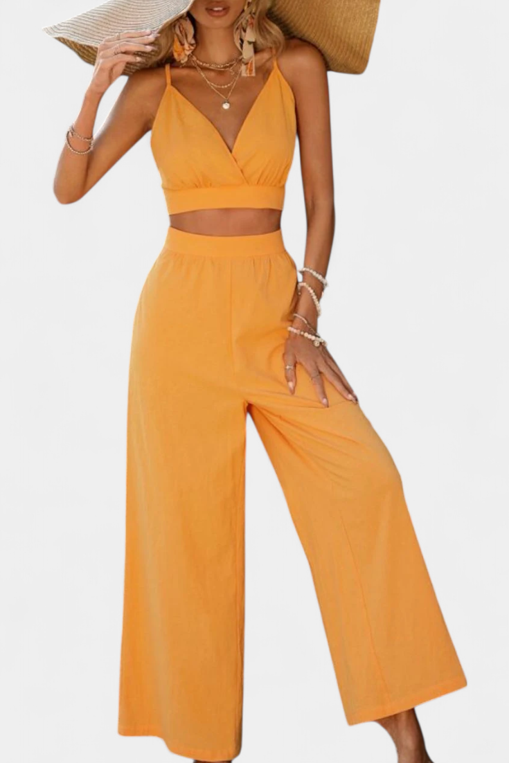 Conjunto Valentina de chaleco de encaje con espalda abierta y pantalones de pierna ancha LuvaModa