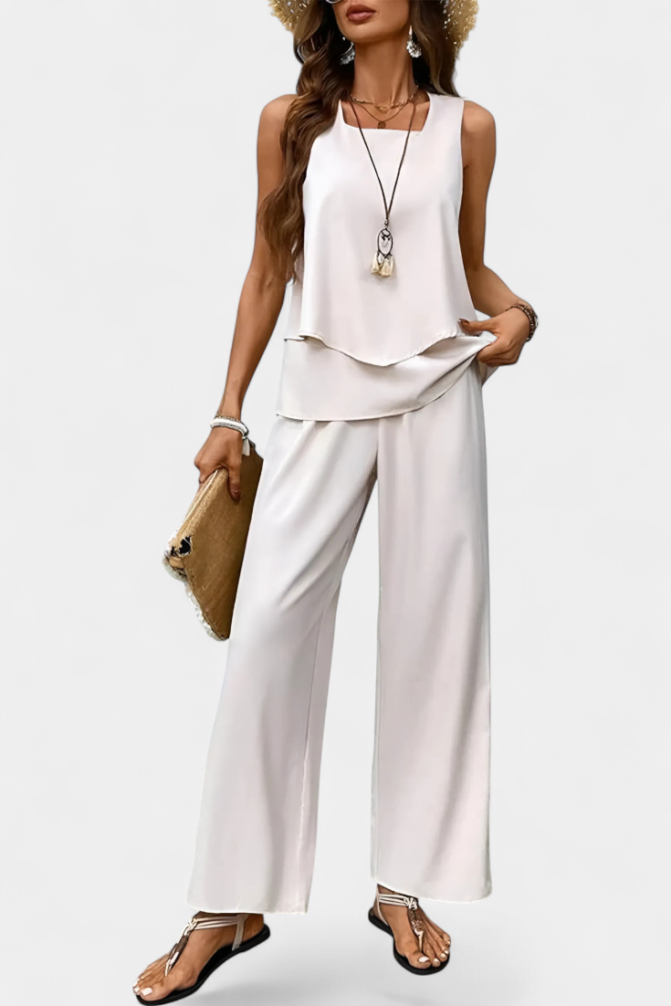 Conjunto elegante bohemio sin mangas Martina con pantalones rectos estampados LuvaModa